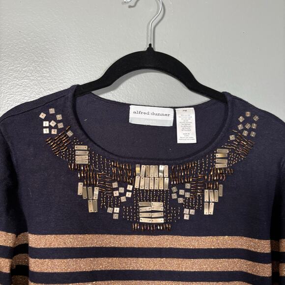 Alfred Dunner Women's Beaded Metallic Striped Knit Top - Size Petite Medium (PM) - Picture 4 of 6